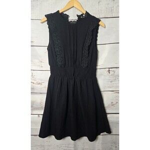 E&M Womens Dress Size Large Black Ruffle Lace Trim Mock Neck Smocked Waistline